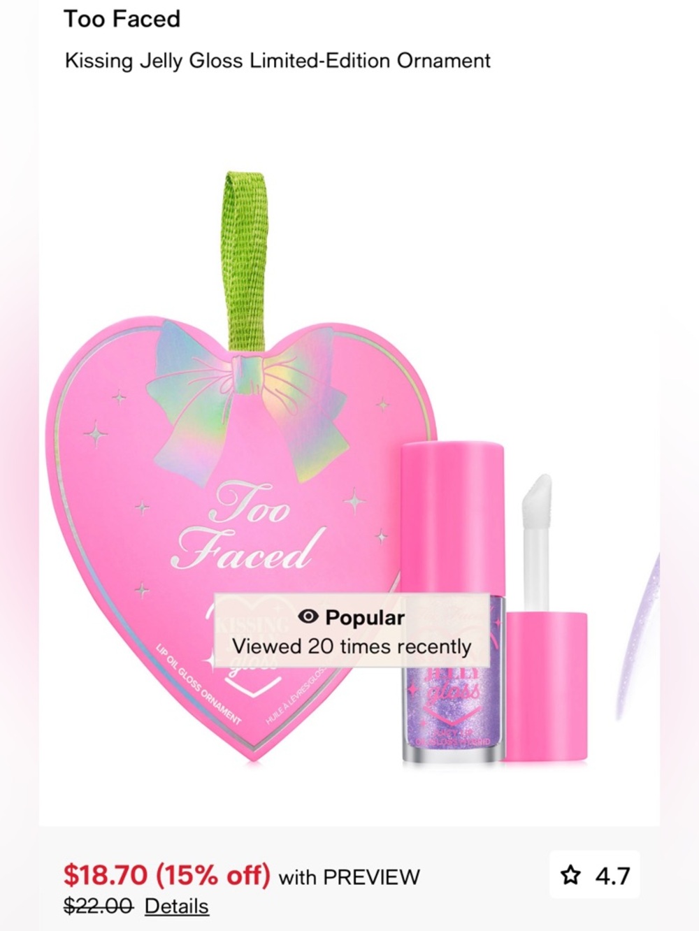 Too Faced Pink Heart Jelly Lip Gloss Ornament
